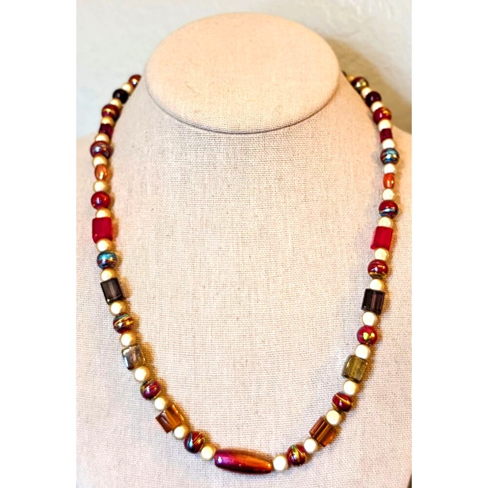 Vintage Metallic Drawbench, Square Lampwork, Art Glass 925 Clasp Bead Necklace